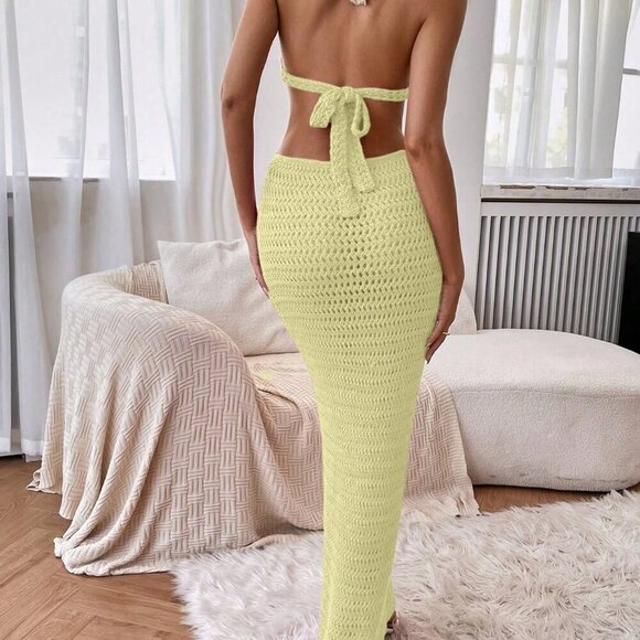 Yellow Sexy Women's Vacation Side Cutout Halter Lace-Up Knitted Dress - Picture 2 of 8